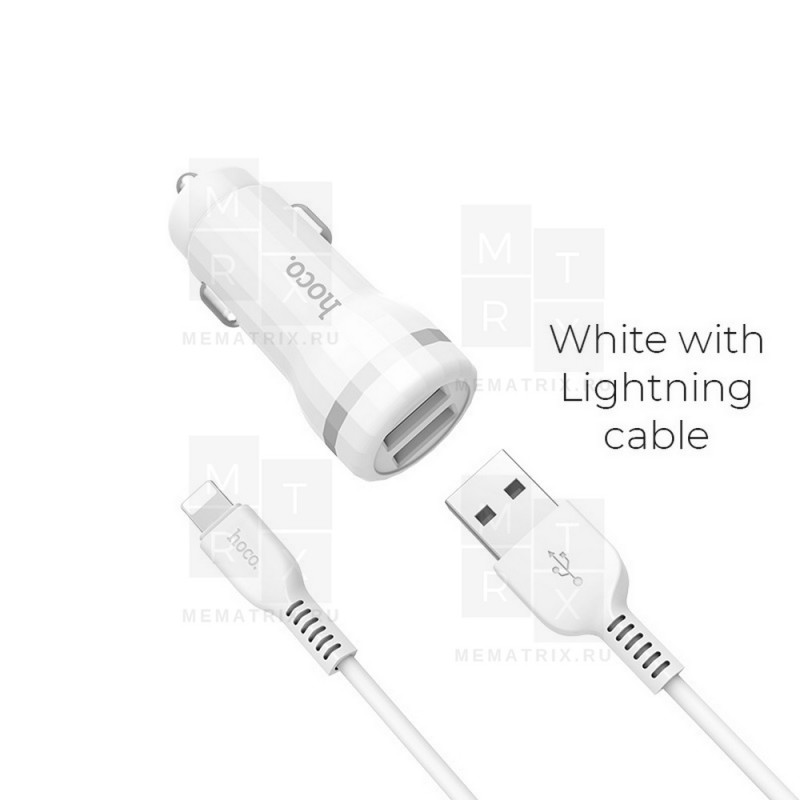 Автомобильное зарядное устройство USB Hoco Z27 (12W, 2 порта, кабель Lightning) Белый