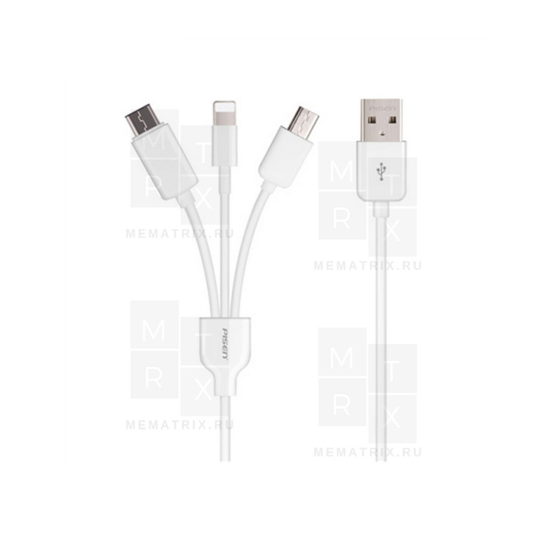 Кабель USB - 3в1 для [iPhone + MicroUSB + Type-C] Pisen AP07 (1200 мм.) Белый