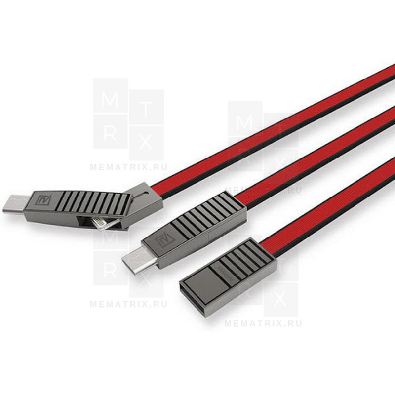Кабель USB - 3в1 для [iPhone + MicroUSB + Type-C] Remax RC-072th (плоский) Красный