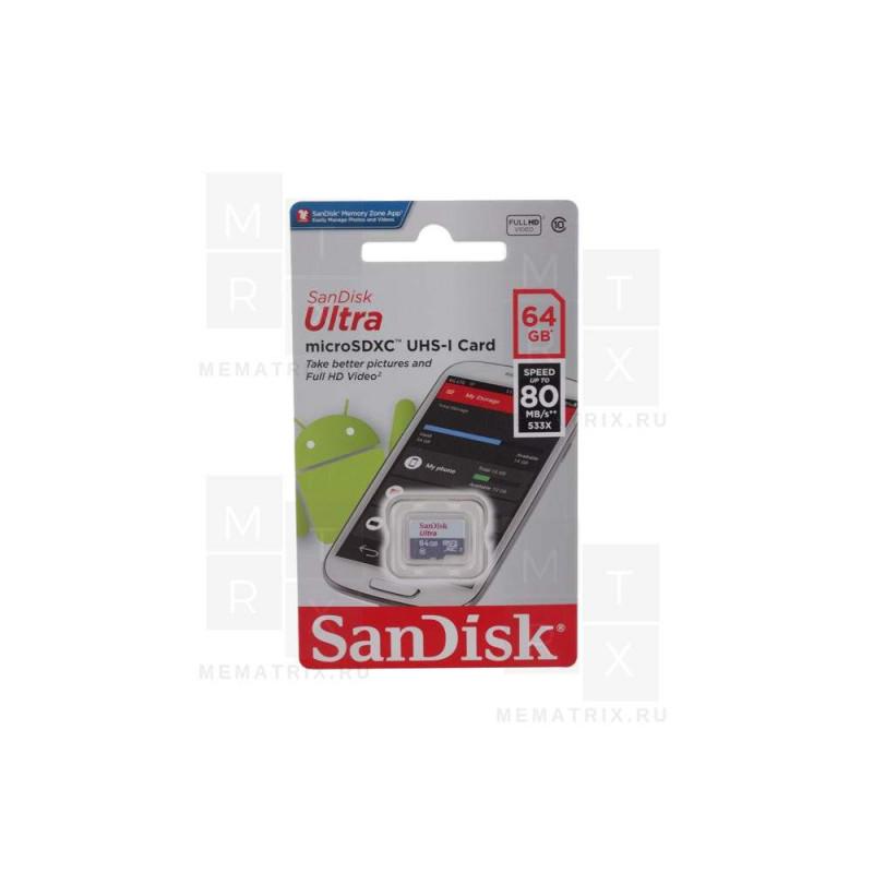 Карта памяти MicroSDHC 16GB Class 10 SanDisk Ultra 80MB/s без адаптера