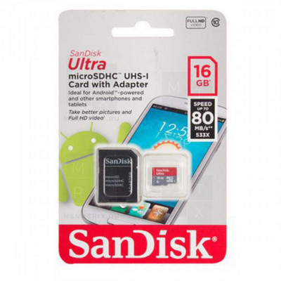 Карта памяти MicroSDHC 16GB Class 10 SanDisk Ultra Android UHS-I 80MB/s + SD адаптер