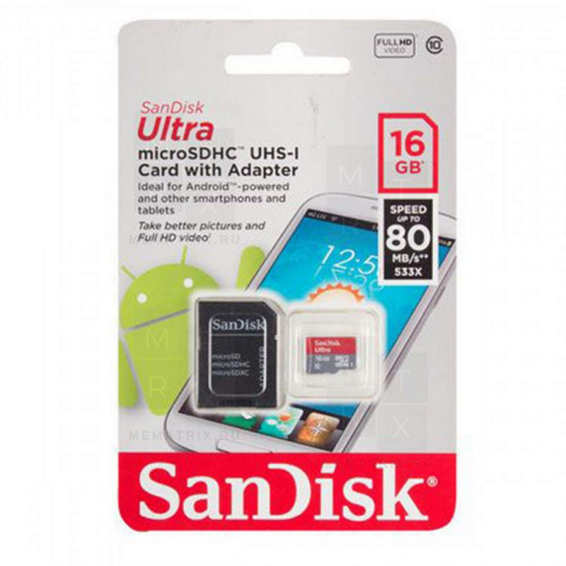 Карта памяти MicroSDHC 16GB Class 10 SanDisk Ultra Android UHS-I 80MB/s + SD адаптер