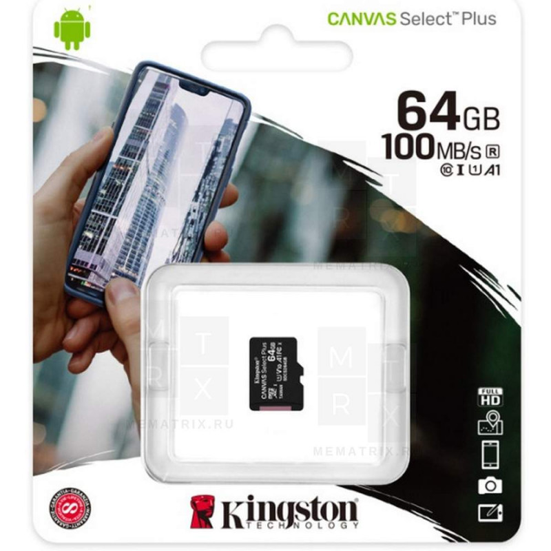 Карта памяти MicroSDHC 64GB Class 10 Kingston Canvas Select Plus A1 100MB/s без адаптера