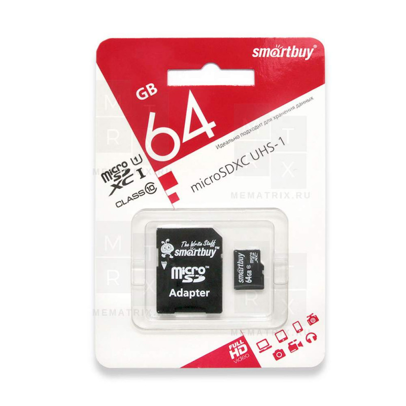 Карта памяти MicroSDHC 64GB Class 10 Smartbuy + SD адаптер
