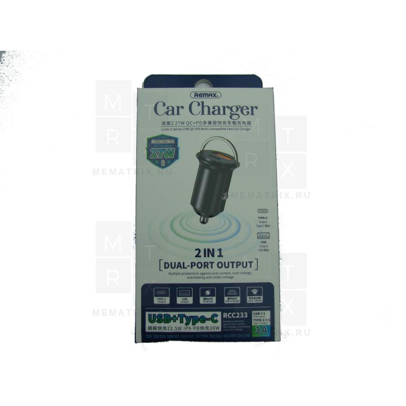 Автомобильное зарядное устройство USB, Type-C Remax RCC-233 (3A, QC, PD) Черный