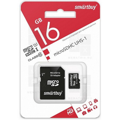 Карта памяти MicroSDHC 16GB Class 10 Smartbuy UHS-I + SD адаптер