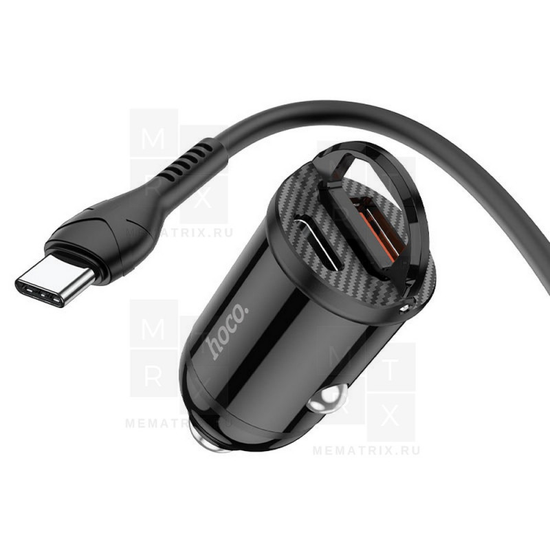 Автомобильное зарядное устройство USB, Type-C Hoco NZ2 (30W, QC3.0, PD, кабель Type-C-Type-C) Черный