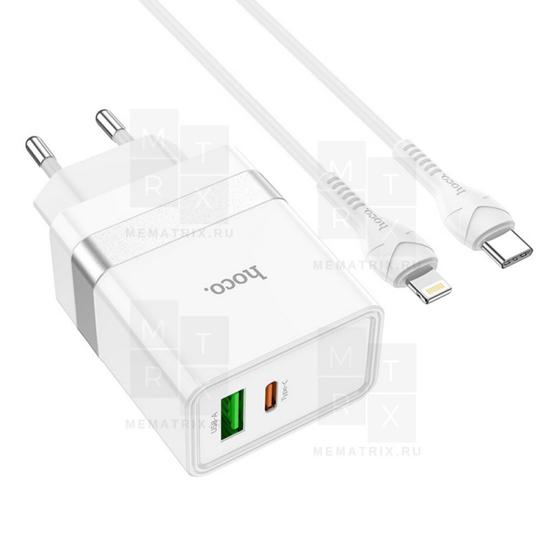 Сетевое зарядное устройство USB, Type-C Hoco N21 (30W, QC3.0, PD, кабель Type-C-Lightning) Белый