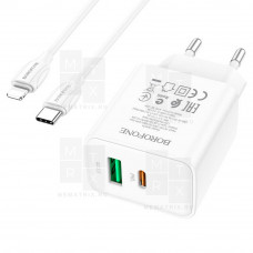 Сетевое зарядное устройство USB, Type-C Borofone BA67A (20W, QC3.0, PD, кабель Type-C-Type-C) Белый