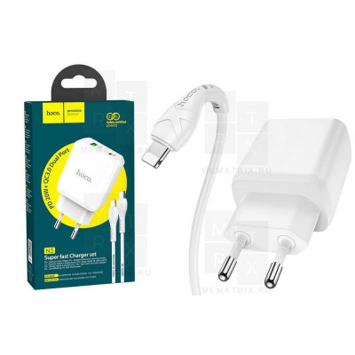 Сетевое зарядное устройство USB, Type-C Hoco N5 (3А, QC3.0, PD, кабель Type-C - Lightning) Белый