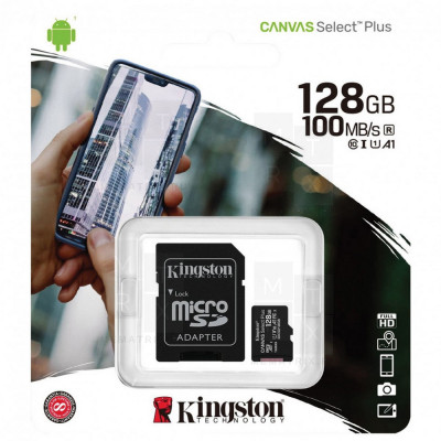 Карта памяти MicroSDXC 128GB Class 10 Kingston Canvas Select Plus A1 100MB/s + SD адаптер