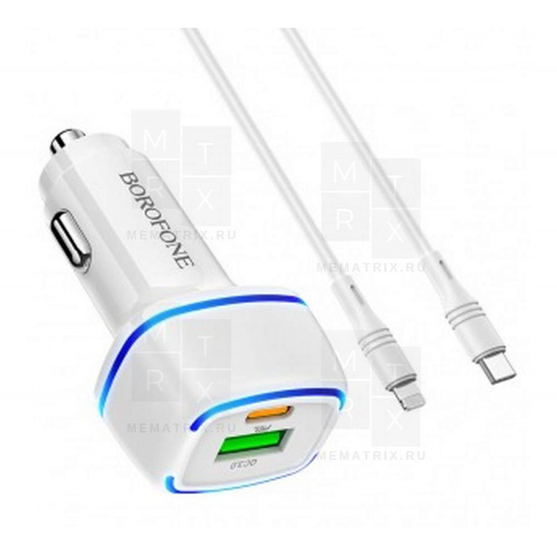 Автомобильное зарядное устройство USB, Type-C Borofone BZ14A (3A, QC3.0, PD, Type-C-Lightning) Белый