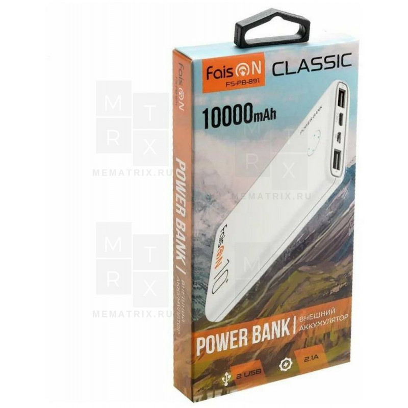 Внешний портативный аккумулятор (Power Bank) FaisON FS-PB-891 10000 mAh (2.1A, 2USB, MicroUSB, Type-C ) Белый