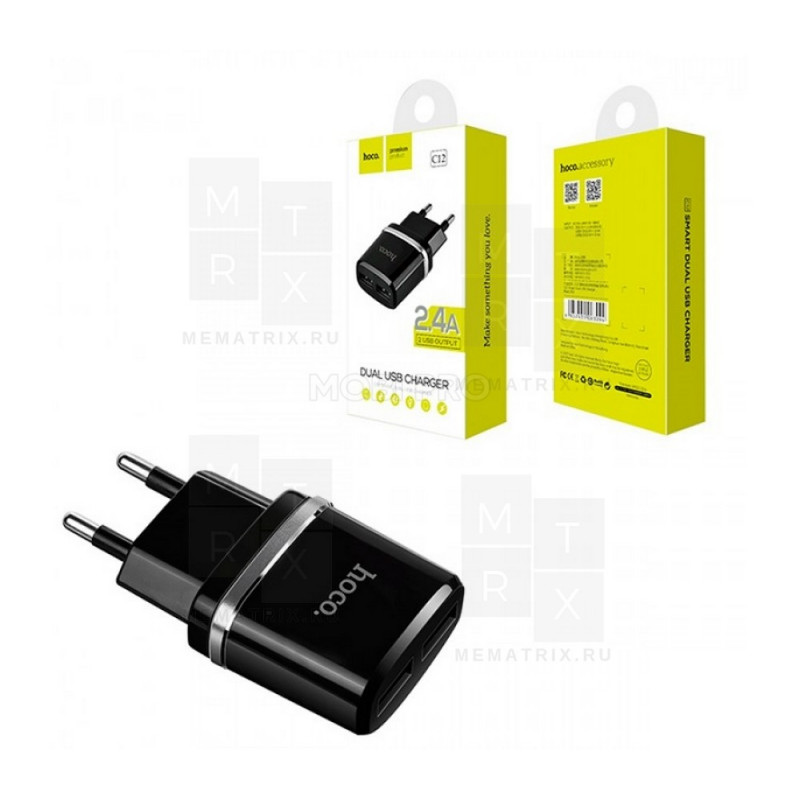 Сетевое зарядное устройство USB Hoco C12 (12W, 2 порта, кабель MicroUSB) Белый