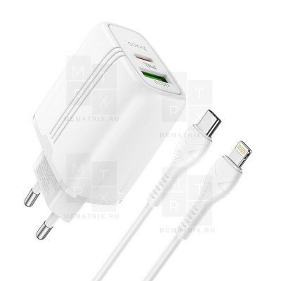 Сетевое зарядное устройство USB, Type-C Hoco N11 (20W, QC3.0, PD, кабель Type-C-Lightning) Белый