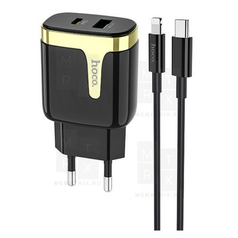 Сетевое зарядное устройство USB, Type-C Hoco C79A (18W, QC3.0, PD, кабель Type-C-Lightning) Черный