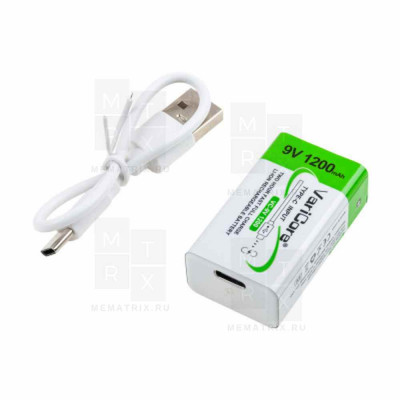 Аккумуляторные батарейки Крона 6LR61 VariCore Li-ion 9V 1200 mAh (перезаряжаемые, зарядка через Type-C)
