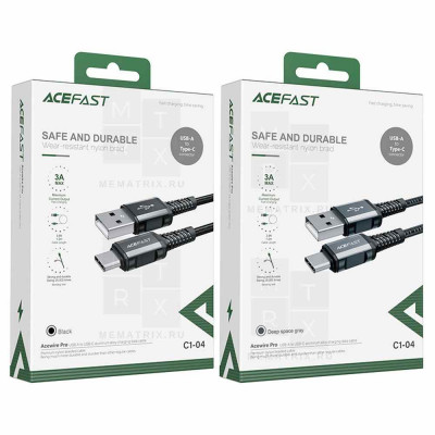 Кабель USB - Type-C Acefast C1-04 (3A, оплетка нейлон, 1.2 м) Черный