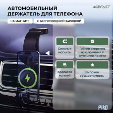 Автомобильный держатель Acefast D37 (с беспроводной зарядкой 15W, магнитный, на приборную панель) Черный