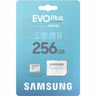 Карта памяти MicroSDXC 256GB Class 10 Samsung Evo Plus U3 V30 A2 + SD адаптер