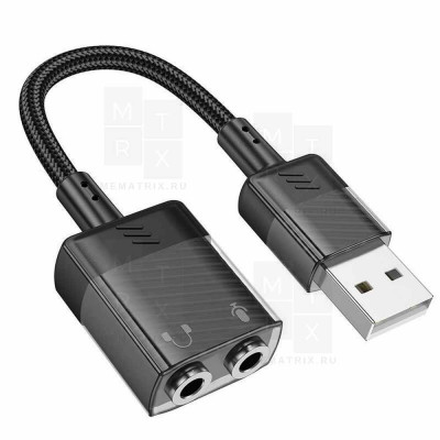 Адаптер USB - 2 в 1 3,5 мм Jack Hoco LS37 (оплетка нейлон) Черный