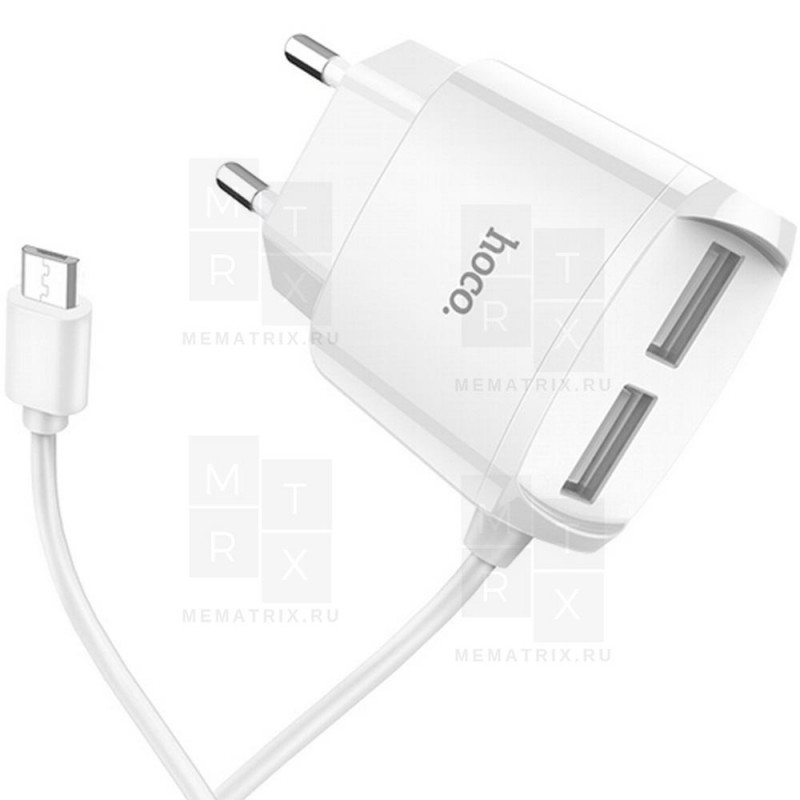 HOCO C59A сетевое зарядное устройство c 2 USB+кабель Micro USB  белое 2.4A