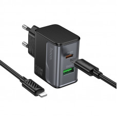 Сетевое зарядное устройство USB, Type-C Hoco CS73A (30W, QC3.0, PD, 2 порта, кабель Type-C-Lightning) Черный