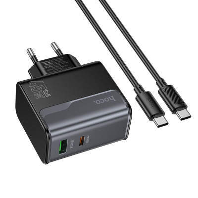 Сетевое зарядное устройство USB, Type-C Hoco CS74A (45W, QC3.0, PD, 2 порта, кабель Type-C-Type-C) Черный