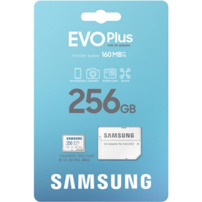 Карта памяти MicroSDXC 256GB Class 10 Samsung Evo Plus U3 V30 A2 + SD адаптер Карта памяти MicroSDXC 256GB Class 10 Samsung Evo Plus U3 V30 A2 + SD адаптер