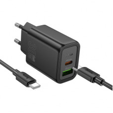Сетевое зарядное устройство USB, Type-C Hoco N63 (30W, QC3.0, PD, кабель Type-C-Type-C, GaN) Черный