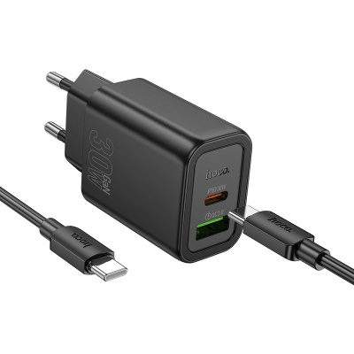 Сетевое зарядное устройство USB, Type-C Hoco N63 (30W, QC3.0, PD, кабель Type-C-Type-C, GaN) Черный